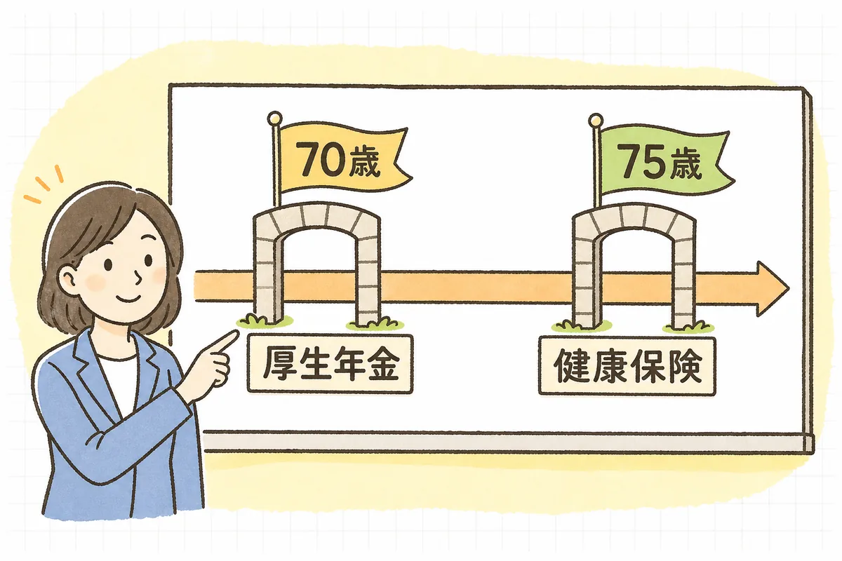 一本のタイムライン上に、70歳で厚生年金を卒業し75歳で健康保険を卒業する二つの節目を示した概念図