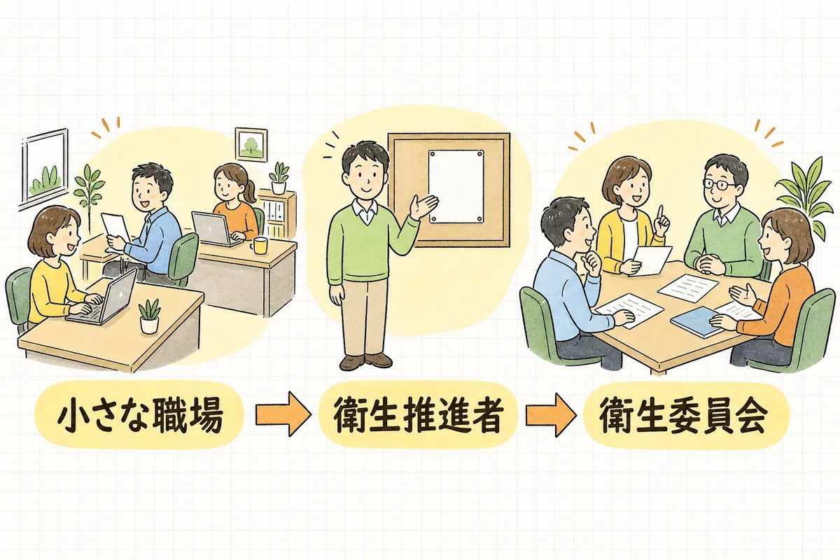 事業場の人数が増えるにつれて、選任義務なしの小さな職場から衛生推進者、衛生委員会へと安全衛生の体制が段階的に増えていくことを左から右へ示した概念図