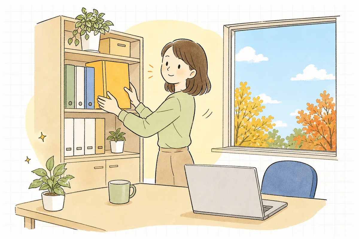 新しく結び直した協定書をファイルに綴じ終え、すっきりした表情で次の仕事に向かう中小企業のひとり労務担当者