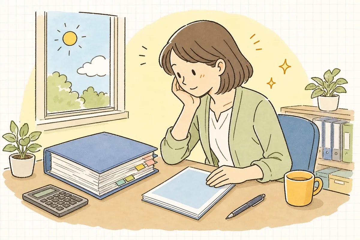 事務所の机で分厚い就業規則の本則と、賃金規程・退職金規程の別冊を並べ、どこまでを別に分けるか静かに考えている中小企業のひとり労務担当者