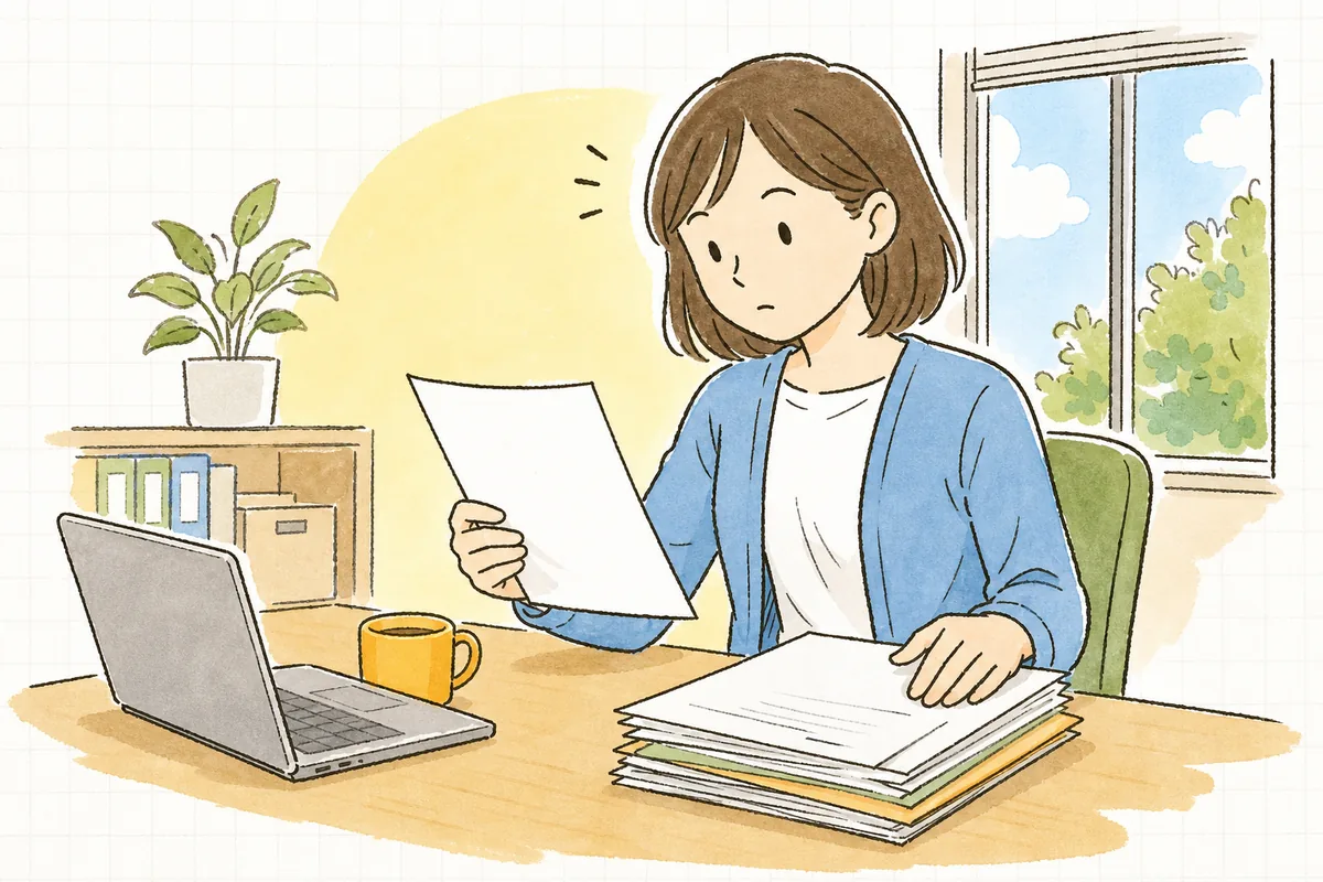 中途入社した従業員の入社書類と前職の源泉徴収票を机に並べ、内容を確かめている中小企業のひとり労務担当者