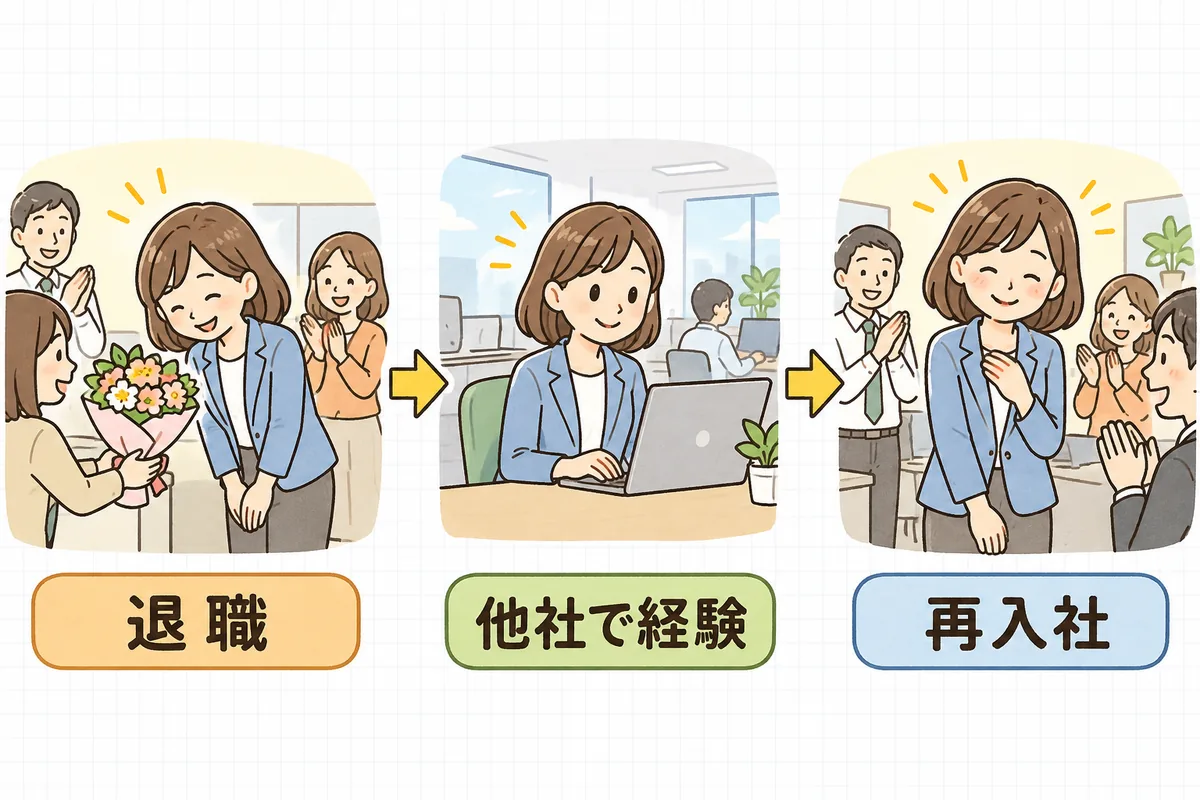 左から、送別の花束を受け取って退職する社員、別の会社のオフィスで働く同じ社員、元の職場に戻って同僚に迎えられる同じ社員の3場面を矢印でつなぎ、それぞれに「退職」「他社で経験」「再入社」のラベルを付けた図