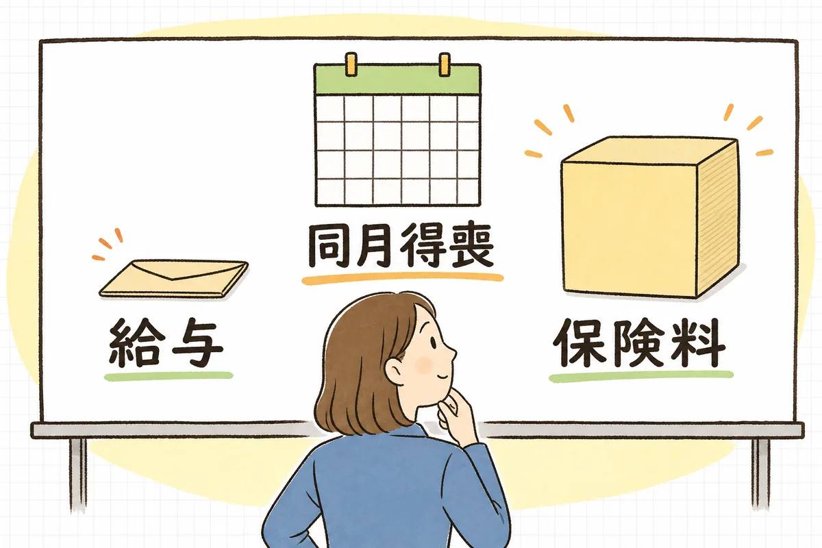 同月得喪では働いた日数分の少ない給与に対して1か月分の社会保険料がかかることを、給与と保険料の大きさの違いで対比した概念図