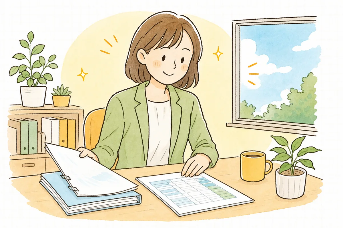フレックスタイム制の労使協定と清算の手順を整えて、書類を前に穏やかにほほえむ中小企業のひとり労務担当者