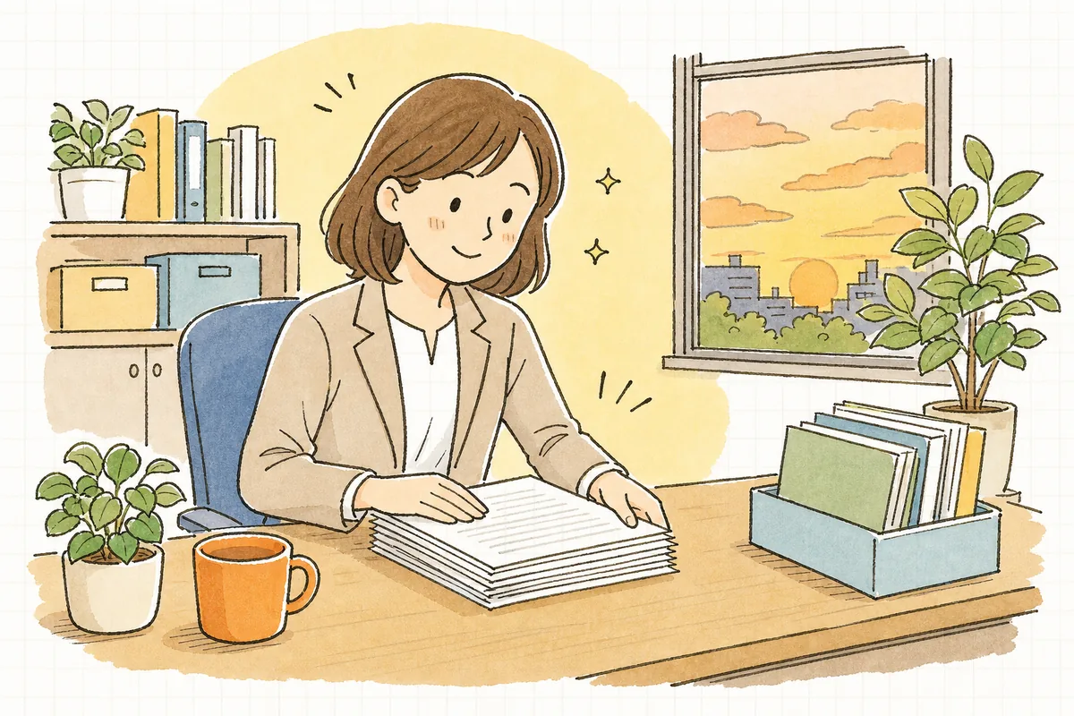 副業の届出への対応を整理し終え、机の前で肩の力が抜けて穏やかにほほえむ労務担当者