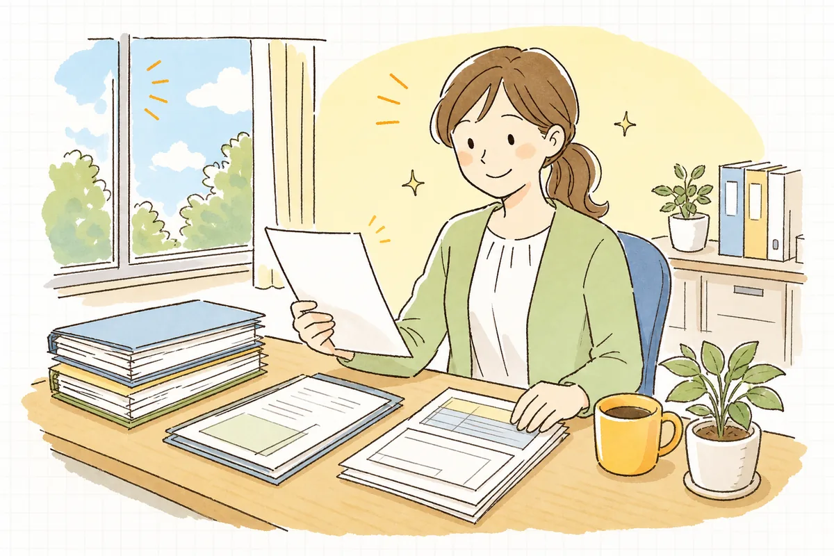 現物給与の判定を整理し終えて、肩の力が抜けて穏やかにほほえむ労務担当者