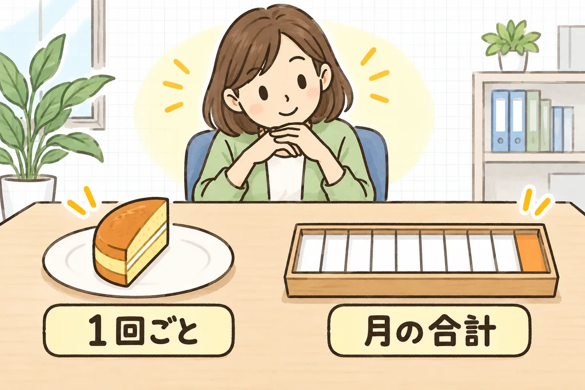 減給の制裁の2つの上限を示す概念図。左は1日分を表す丸いケーキが半分だけ皿に載った絵で「1回ごと」、右は10個に区切られた給料の箱のうち1区画だけ色がついた絵で「月の合計」