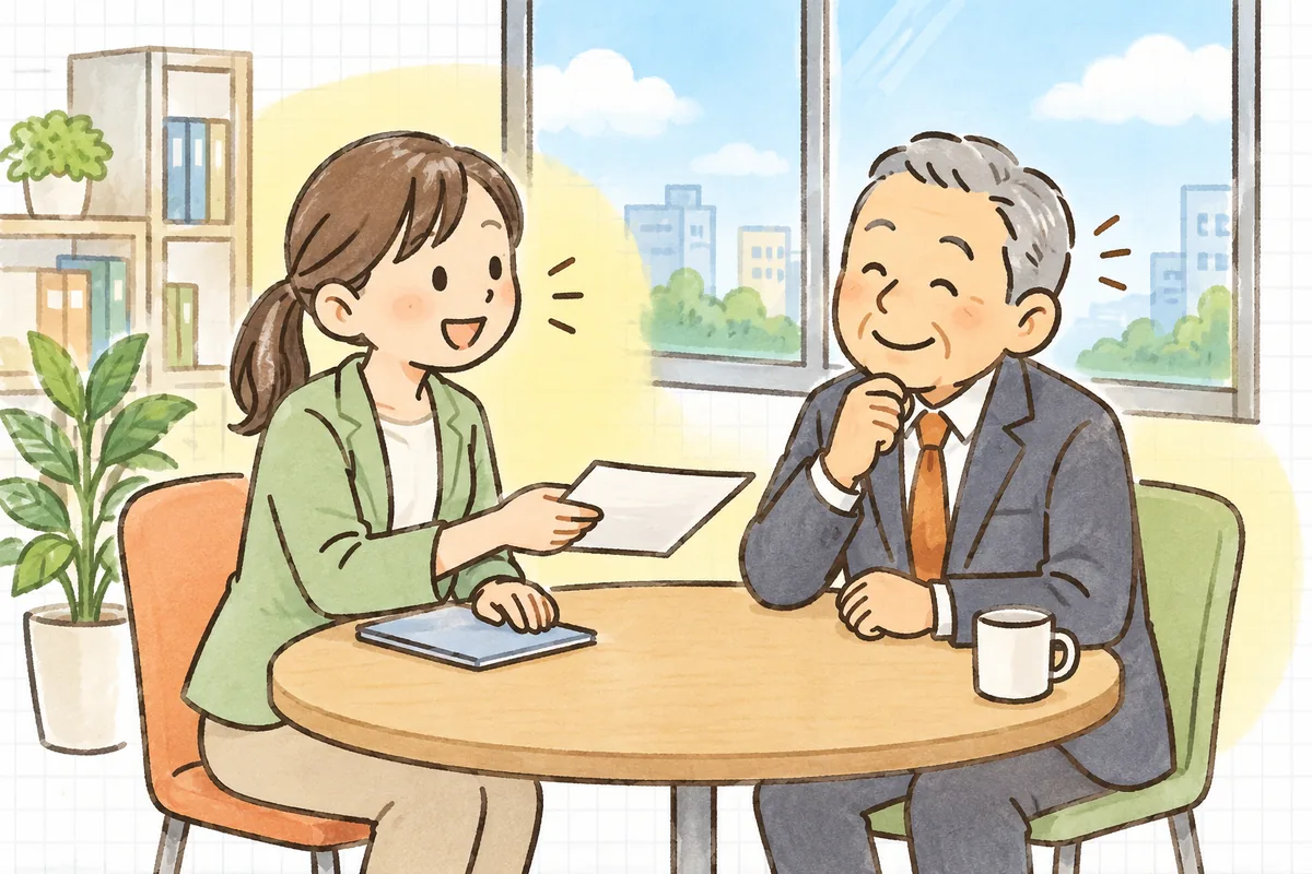 明るい昼の事務所で、計算を終えたメモを手に、社長らしき年配の人物と穏やかに話し合い、うなずき合っている労務担当者
