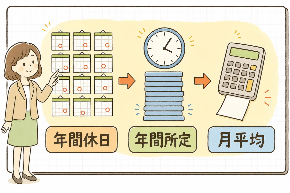 年間の休日カレンダーから年間所定労働時間を求め、それを12で割って月平均所定労働時間を出すまでの3段階の流れを示した概念図
