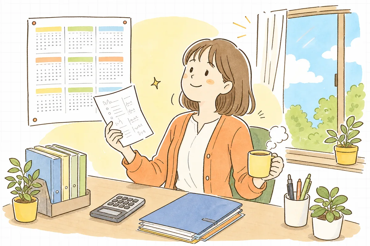 自分で計算し直した月平均所定労働時間のメモを手に、肩の力を抜いて穏やかにほほえんでいる中小企業のひとり労務担当者