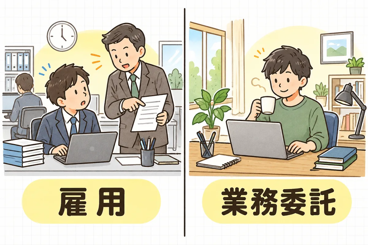 左の列は会社の席で上司から作業の指示を受けている社員の絵で、真下に「雇用」のラベル。右の列は自分の作業場でノートパソコンに向かい、自分のペースで仕事を進めている個人事業主の絵で、真下に「業務委託」のラベルを付けた比較図