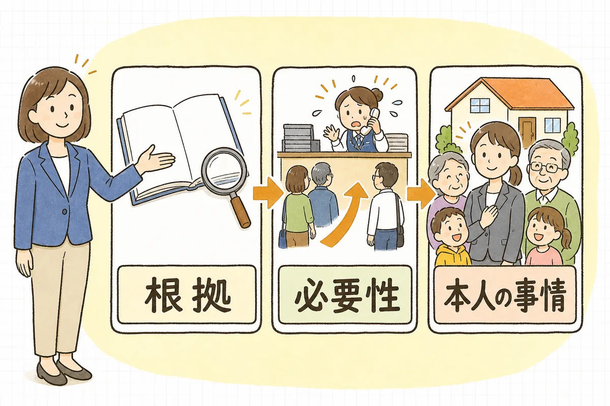 就業規則のファイル、会社の業務の事情、本人と家族の暮らしの3つを左から順に並べ、配転を命じる前に確かめたい3つの視点を示した概念図