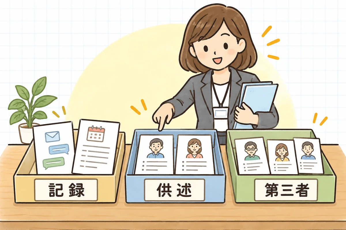 調査で集めた材料を、客観的な記録・当事者の供述・第三者の話の3つの箱に分けて並べ直している手順図