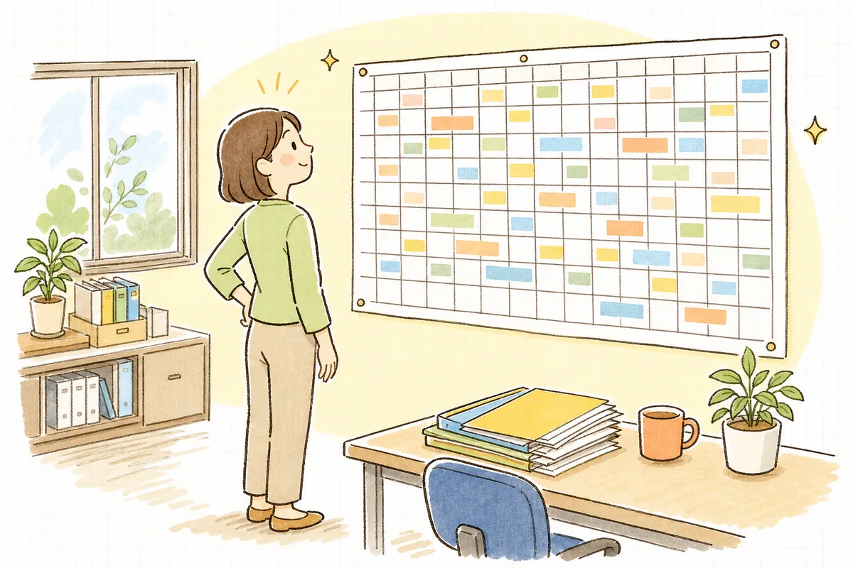 組み上がった1か月分のシフト表を前に、肩の力が抜けて穏やかにほほえんでいる労務担当者