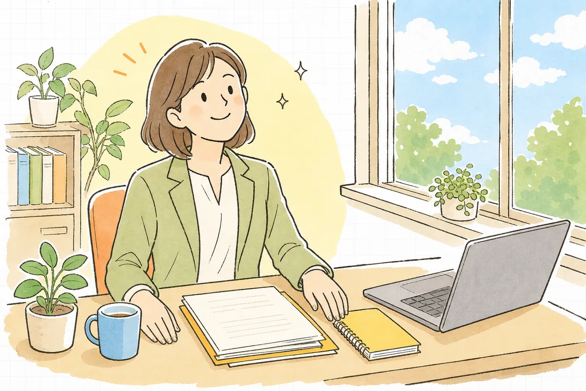 外回りの時間の数え方を整理し終えて、日報を手元に置きながら穏やかな表情で顔を上げているひとり労務担当者