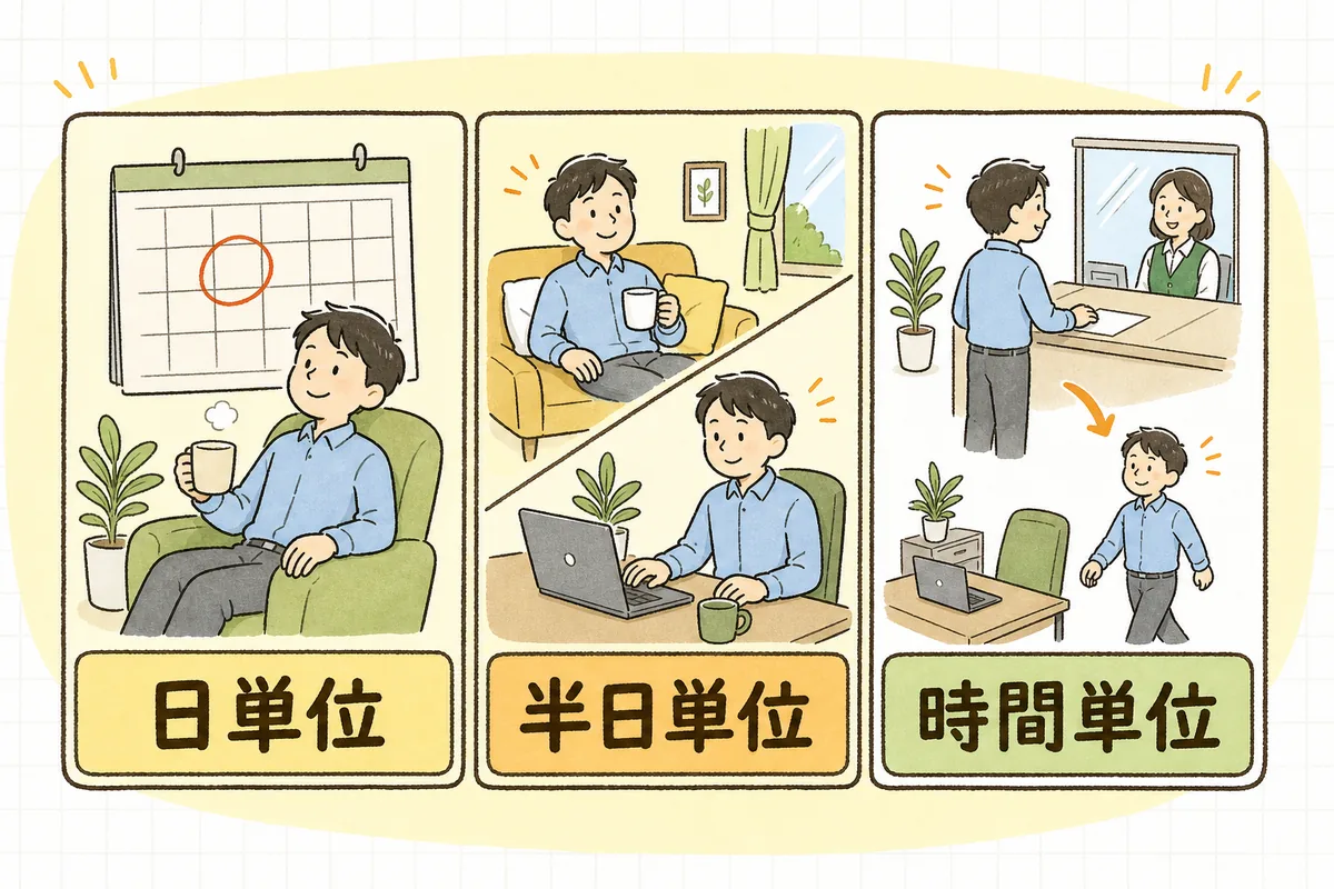 年次有給休暇を日単位・半日単位・時間単位で取得する三つの場面を並べ、年5日義務にカウントされるのは前の二つであることを示した図