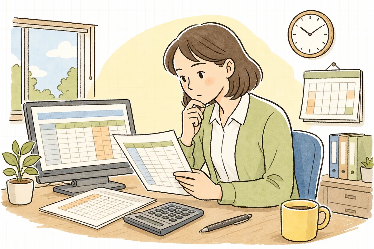 事務所の机で従業員名簿と生年月日を見比べながら、介護保険料をいつから引くかを確認している中小企業のひとり労務担当者