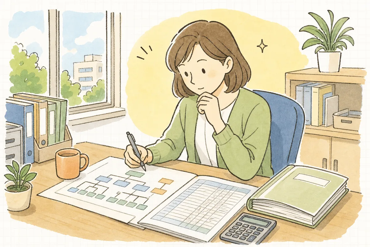 事務所の机で組織図と給与台帳、就業規則を広げ、課長職に残業代が必要かどうかを落ち着いて確認している中小企業のひとり労務担当者
