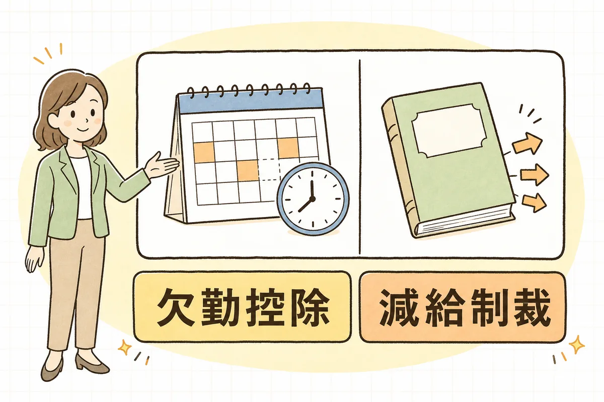 働かなかった分を差し引く欠勤控除と、ペナルティとして賃金を減らす減給制裁を左右に並べて対比した概念図
