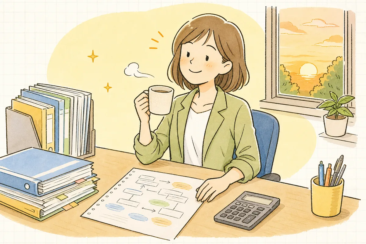 欠勤控除のルールを書き出したメモを机に置き、肩の力を抜いて穏やかにほほえんでいる中小企業のひとり労務担当者