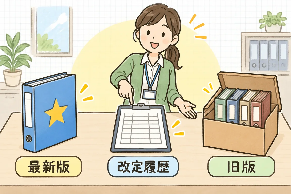 机の上に左から、星印のついた1冊のバインダー、1枚の表が書かれた用紙、古いバインダーが入った箱の3つが並び、それぞれの下に最新版・改定履歴・旧版のラベルがある概念図