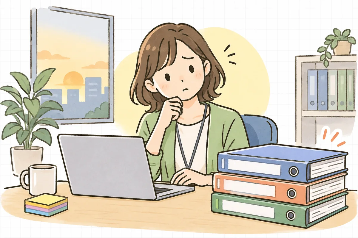 ノートパソコンと積み重なった似たような規程のバインダーを前に、どれが最新版か分からず首をかしげている中小企業のひとり労務担当者