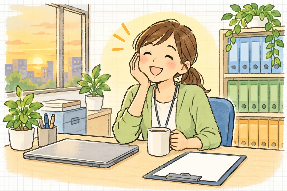 規程の整理を終え、きれいに並んだバインダーの棚の横で、マグカップを手にほっとした笑顔を見せる中小企業のひとり労務担当者