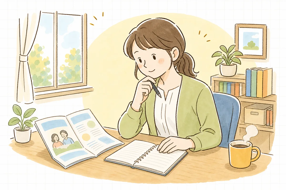 事務所の机で健康保険のパンフレットを開き、入院を控えた社員にどう案内すればよいか落ち着いて確認している中小企業のひとり労務担当者