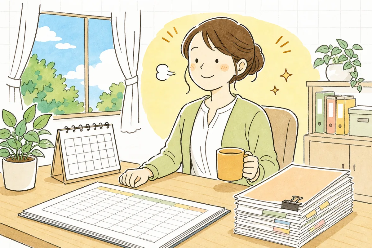 高年齢雇用継続給付の対象者リストと申請月のメモを整え、取りこぼしのない段取りができて穏やかにほほえむひとり労務担当者
