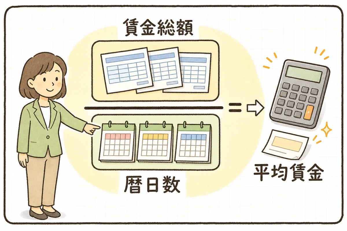 3か月分の給与明細を分子に、3か月分のカレンダーを分母に置いた分数の形で平均賃金の計算のしくみを示した図