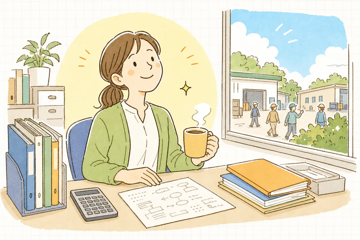 休業手当の計算メモを机に置き、肩の力を抜いて穏やかにほほえんでいる中小企業のひとり労務担当者