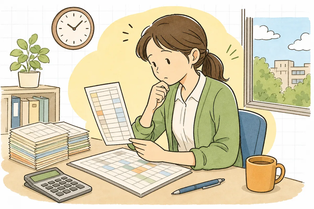 事務所の机でタイムカードとシフト表を見比べながら、休憩時間が足りているかを確認している中小企業のひとり労務担当者
