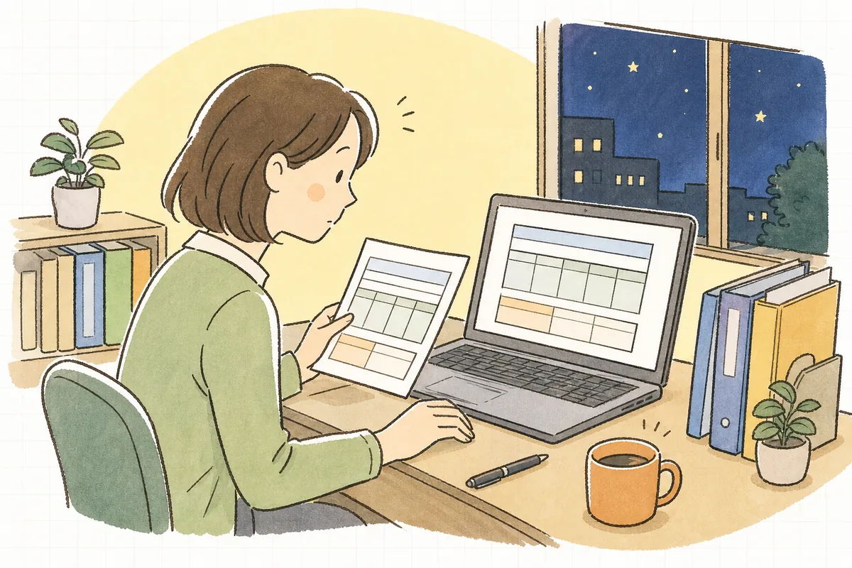 事務所の机で、給与ソフトの画面と紙の給与明細を見比べながら、記載項目や電子交付でよいかを確認している中小企業のひとり労務担当者