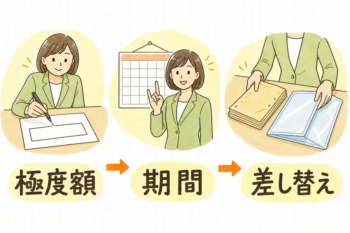 身元保証書を点検する3つの手順を、金額欄を確かめる場面・カレンダーで年数を数える場面・古い書類を新しいファイルに入れ替える場面として左から右へ並べた概念図