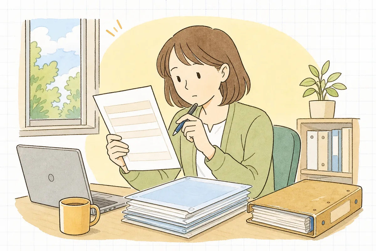 入社書類の束の中から古い書式の身元保証書を1枚取り出し、記載欄をペン先でたどりながら確かめている中小企業のひとり労務担当者