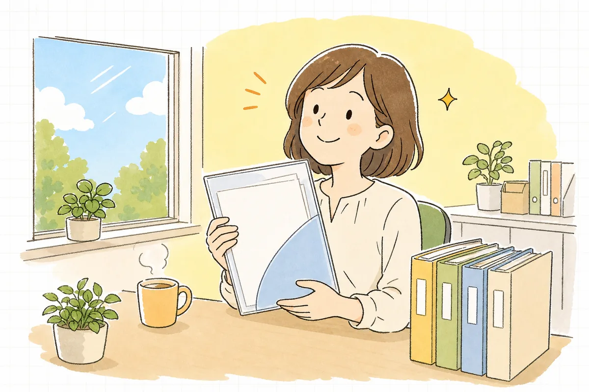 点検を終えて新しく整えた身元保証書の用紙をファイルに収め、次の入社の準備ができた安心感で前を向いている中小企業のひとり労務担当者