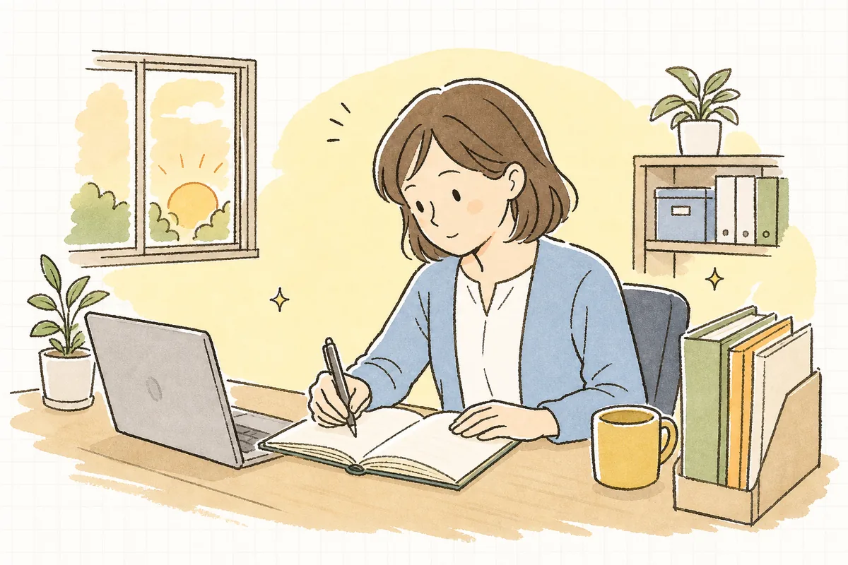 夕方の事務所で、ノートに今日あった出来事を静かに書き留めながら、次の面談をどう進めるか考えている中小企業のひとり労務担当者