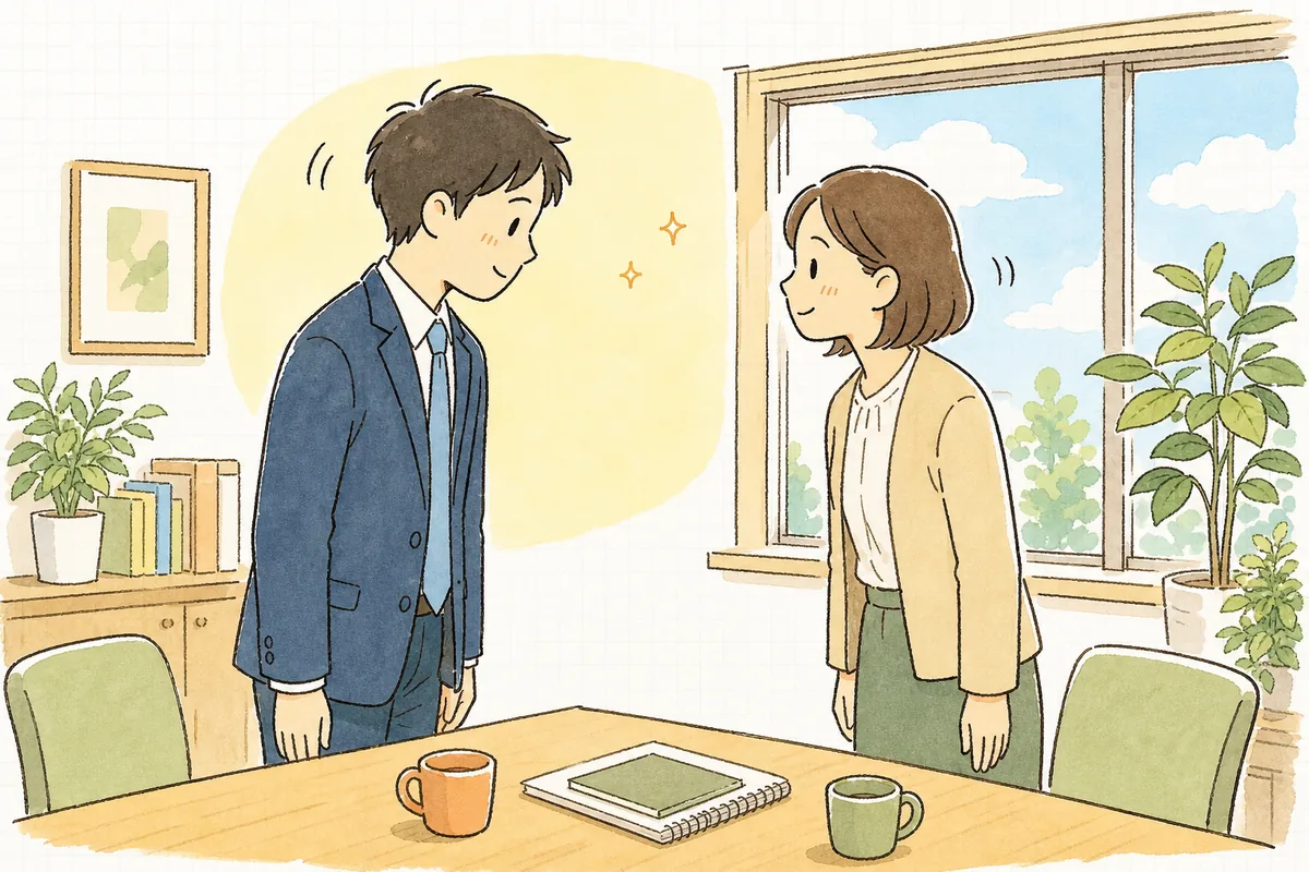 明るい事務所で、面談を終えた社員と労務担当者が穏やかな表情で軽く会釈を交わしている様子