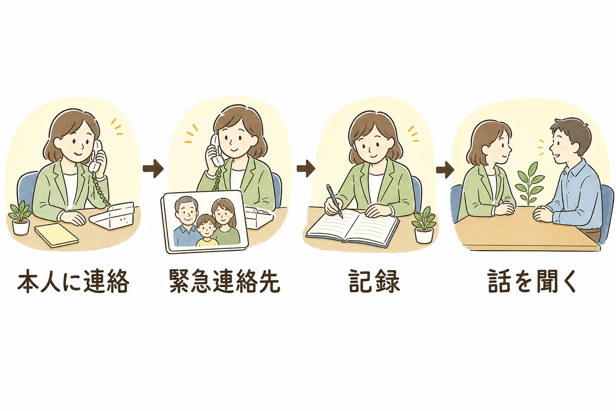 無断欠勤の当日の動きを、本人に連絡・緊急連絡先・記録・話を聞くの4つの場面で左から右へ矢印でつないだ流れ図