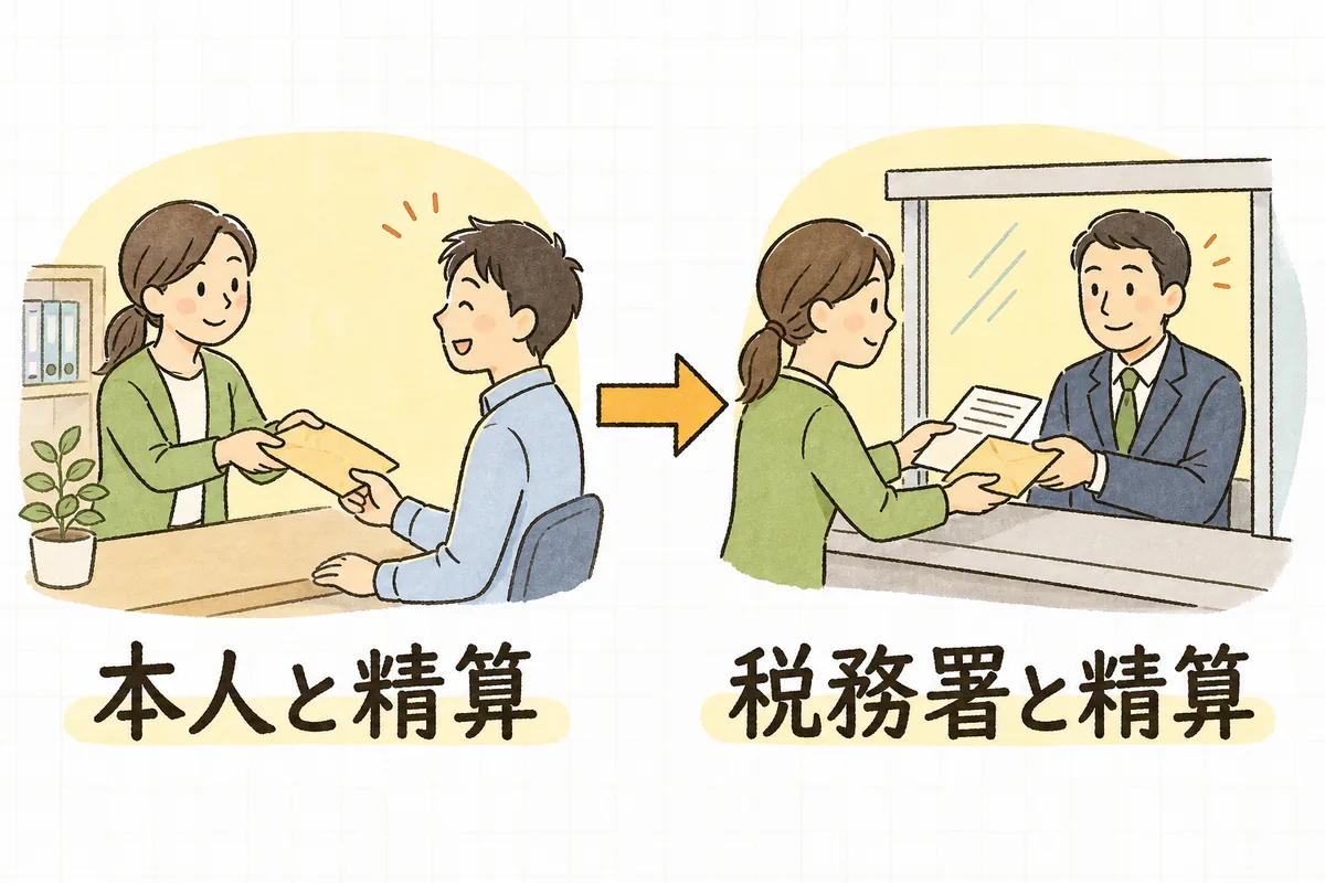 年末調整の過不足を、左で従業員に還付や徴収をし、右で税務署に納める源泉税から差し引きする、2段階の流れを示した図