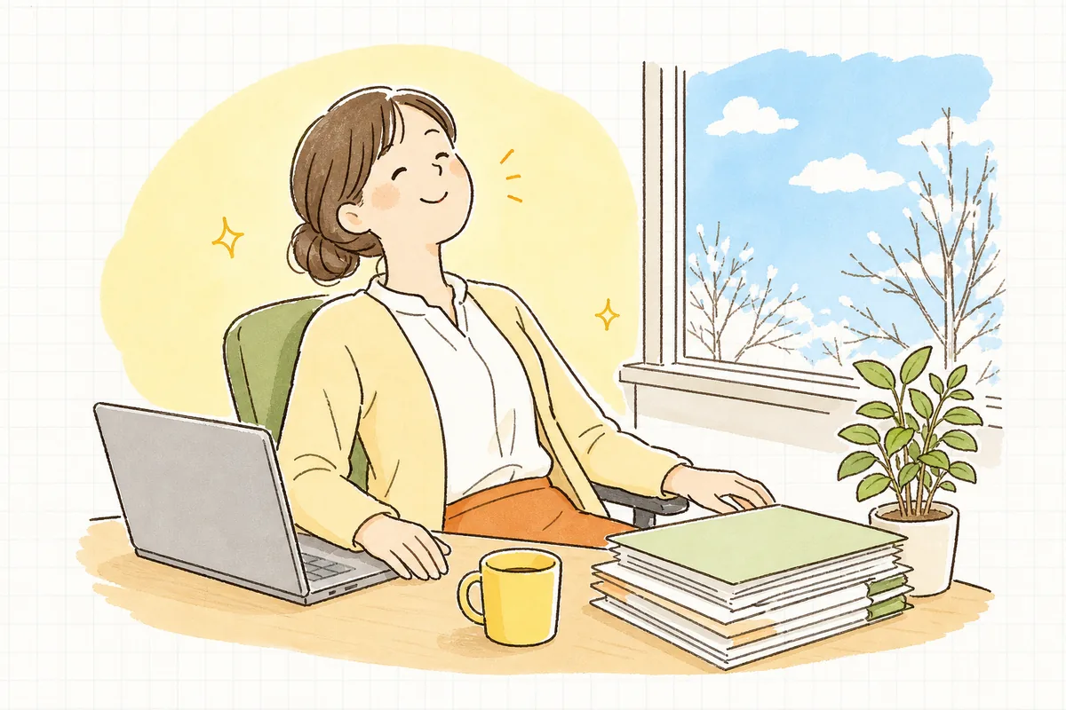 給与明細と納付書の数字が一致したのを確かめ、ほっとした笑顔で椅子にもたれている中小企業のひとり労務担当者
