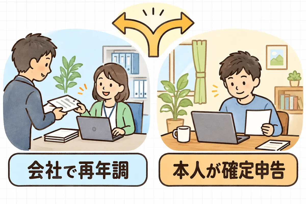 申告もれに気づいた日が1月31日までなら会社で再年調、それを過ぎたら本人が確定申告する、という2つの道を左右に分けて示した図