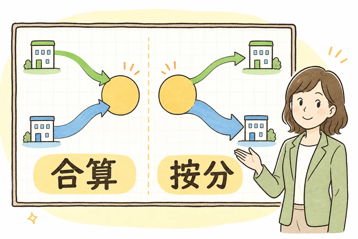 2社の報酬をひとつにまとめて標準報酬月額を決める「合算」と、そこから出た保険料を各社の報酬額に応じて分ける「按分」を、左右に並べて示した概念図