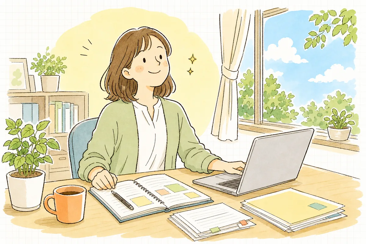 二以上事業所勤務の手続きの流れをメモにまとめ終え、肩の力が抜けて穏やかな表情になっているひとり労務担当者