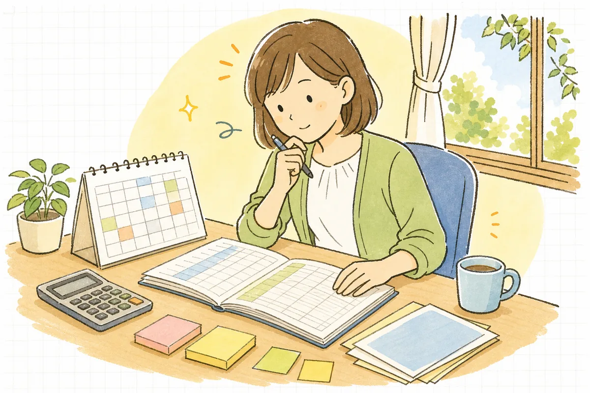 事務所の机で入社した人と退職する人の給与台帳、カレンダー、電卓を並べ、日割りの給与と社会保険料の扱いを落ち着いて確認している中小企業のひとり労務担当者
