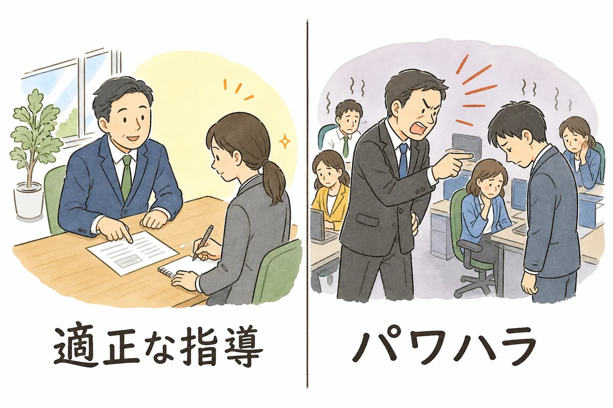 左側に会議スペースで上司が部下と1対1で書類を指しながら落ち着いて話す場面と「適正な指導」のラベル、右側に大勢の同僚の前で上司が立って大声で叱り部下がうつむく場面と「パワハラ」のラベルを並べた比較図