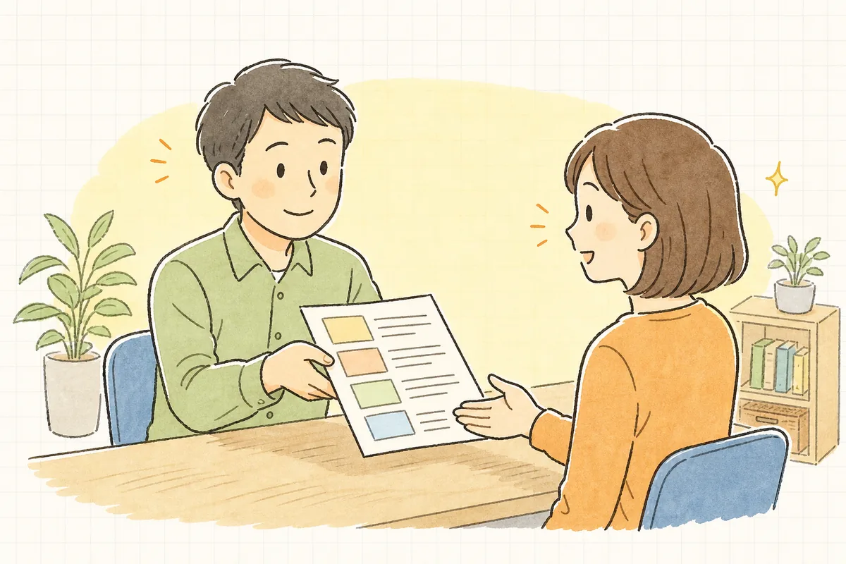 担当者が入社する人に、給与・時間・仕事内容といった条件を並べて書いた1枚の書面を、向かい合って手渡している様子
