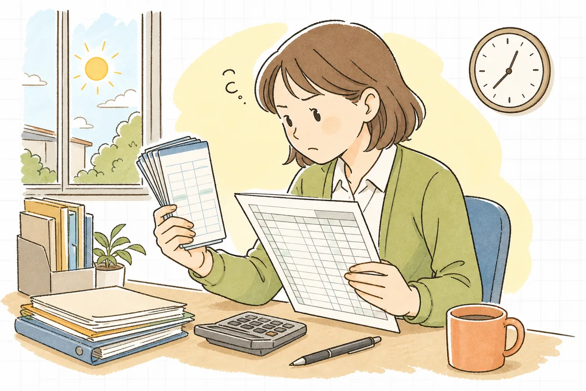 事務所の机でタイムカードと作業日報を見比べながら、着替えや移動の時間を労働時間に入れるべきか考えこんでいる中小企業のひとり労務担当者