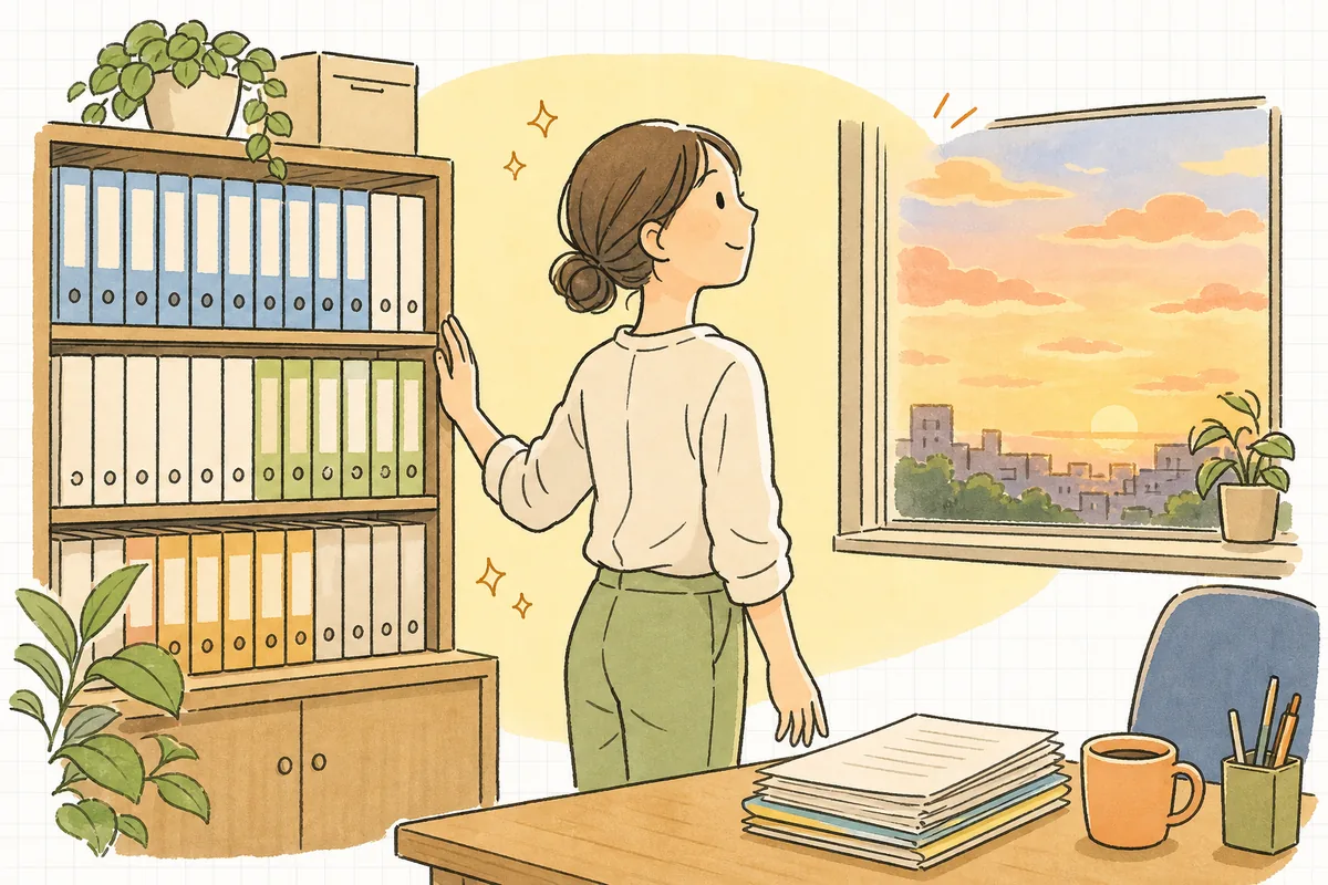 是正報告書を提出し終え、整理された帳簿の棚を前に、窓辺で静かに息をついて前を向いている中小企業のひとり労務担当者