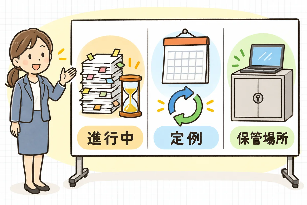 引き継ぐ労務の仕事を、付箋だらけの書類の束を描いた左の列「進行中」、壁の月めくりカレンダーを描いた中央の列「定例」、鍵付きの書類棚を描いた右の列「保管場所」の3つに分けて並べた概念図